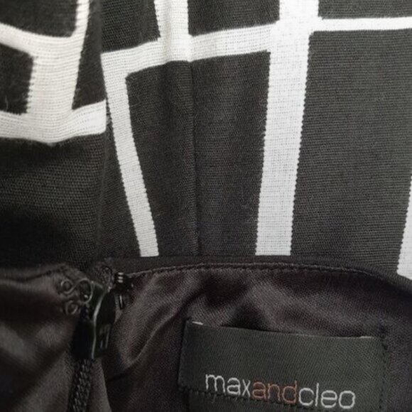 MAX & CLEO / Mixed Media Defined Waist Dress w/ Pockets Geometric Pattern B&W 8 - Picture 12 of 15